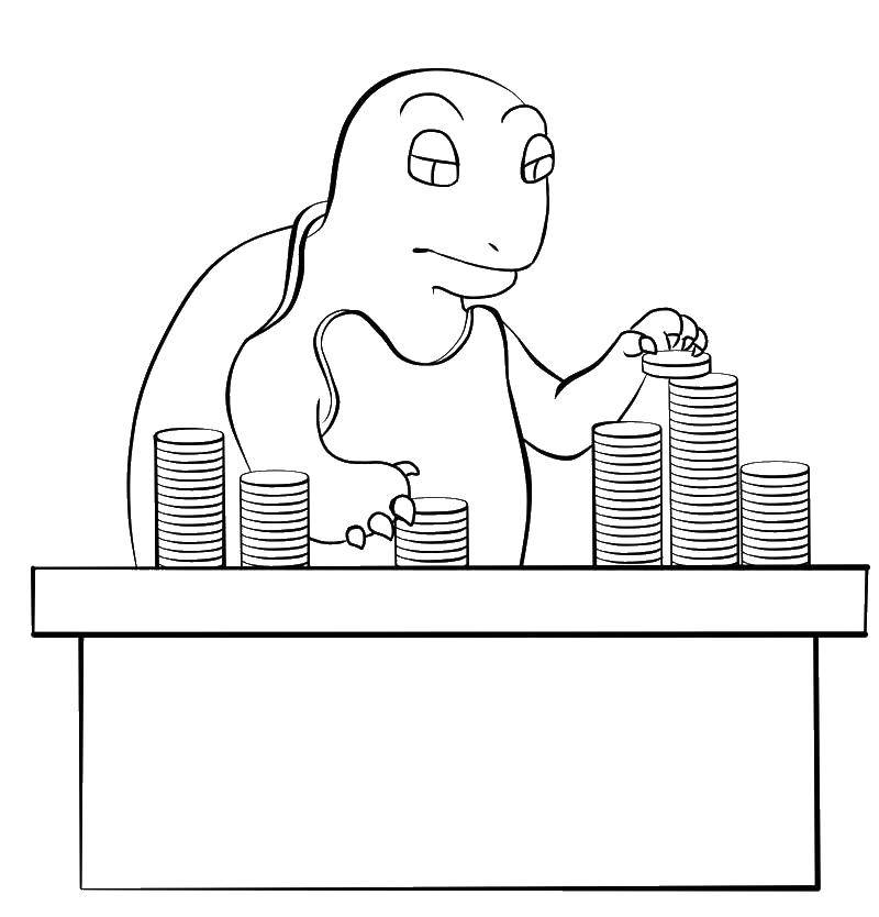 Название: Раскраска Черепаха считает монеты. Категория: черепаха. Теги: Черепаха, монеты.