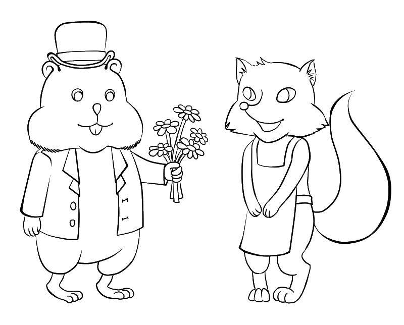 Coloring The hamster gives flowers a squirrel. Category rodents . Tags:  Hamster, gerbil.