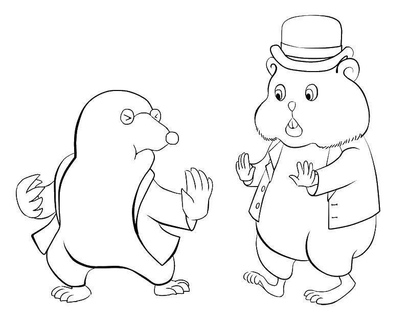 Название: Раскраска Мистер хомяк встретил крота. Категория: грызуны. Теги: мистер хомяк , трость, мышь, крот.