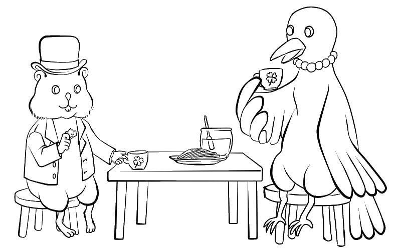 Название: Раскраска Хомяк и ворона кушают. Категория: грызуны. Теги: грызуны, хомяк, белка.