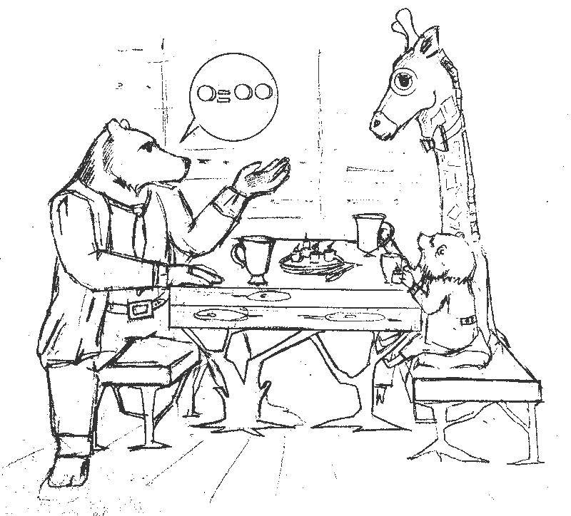 Название: Раскраска Медведь обедает с хомяком и жирафом. Категория: грызуны. Теги: Хомяк, грызун, ворона, медведь.