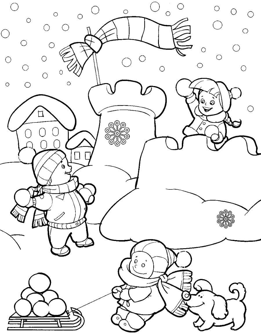 Coloring Children playing in the snow. Category children. Tags:  children, snow.