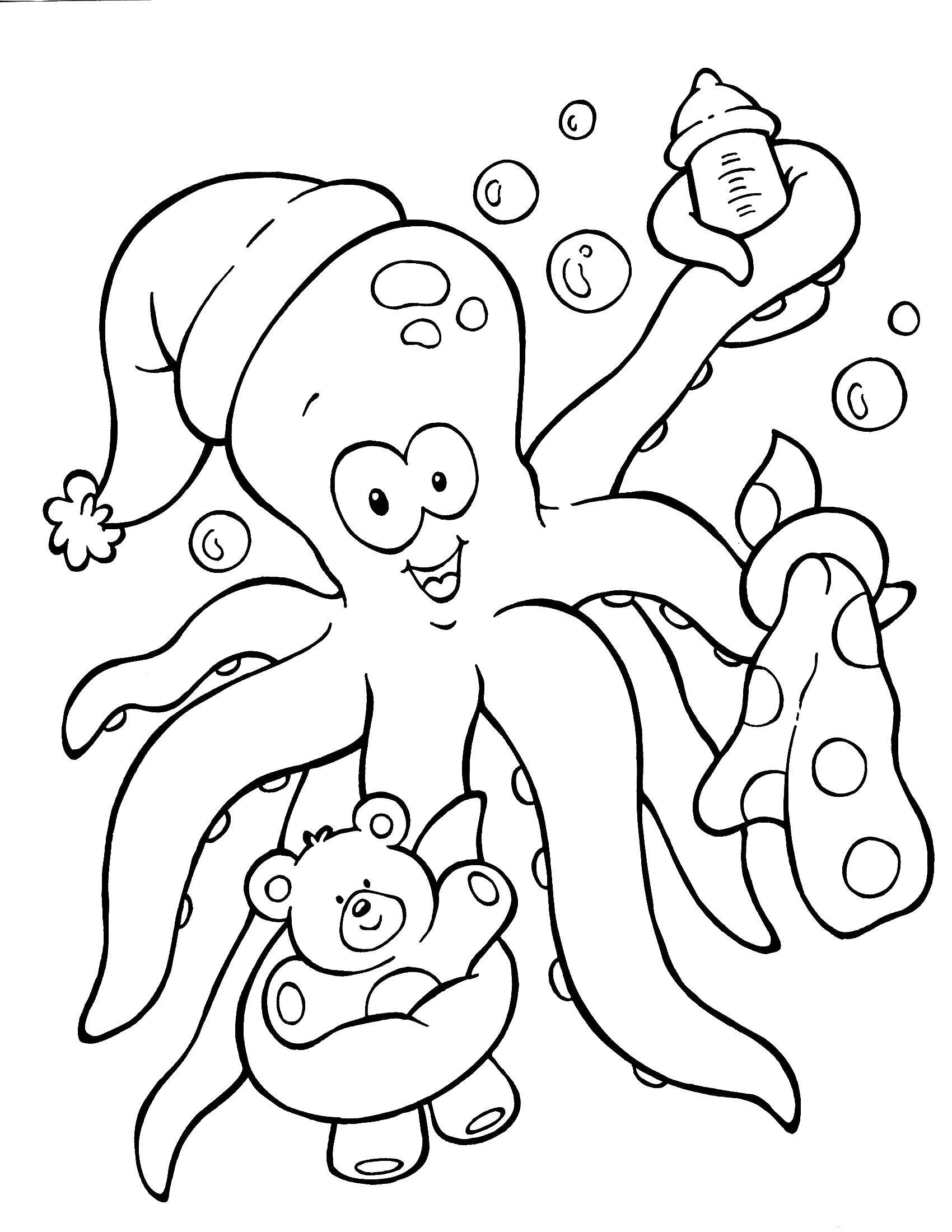 Coloring Octopus with a bear. Category marine. Tags:  Octopus, sea.