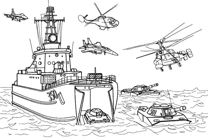 Coloring Military action. Category military. Tags:  Military, plane, rocket, ship.
