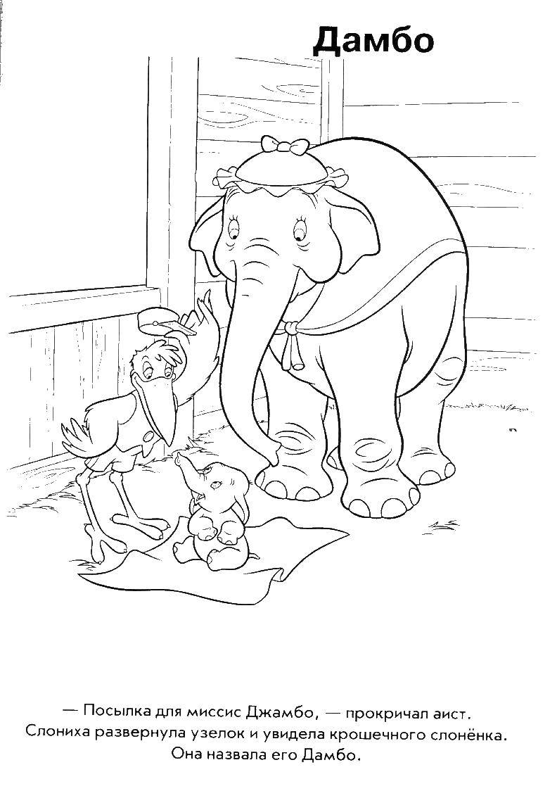 Название: Раскраска Аист принес слоненка. Категория: дамбо. Теги: Дамбо, слон.