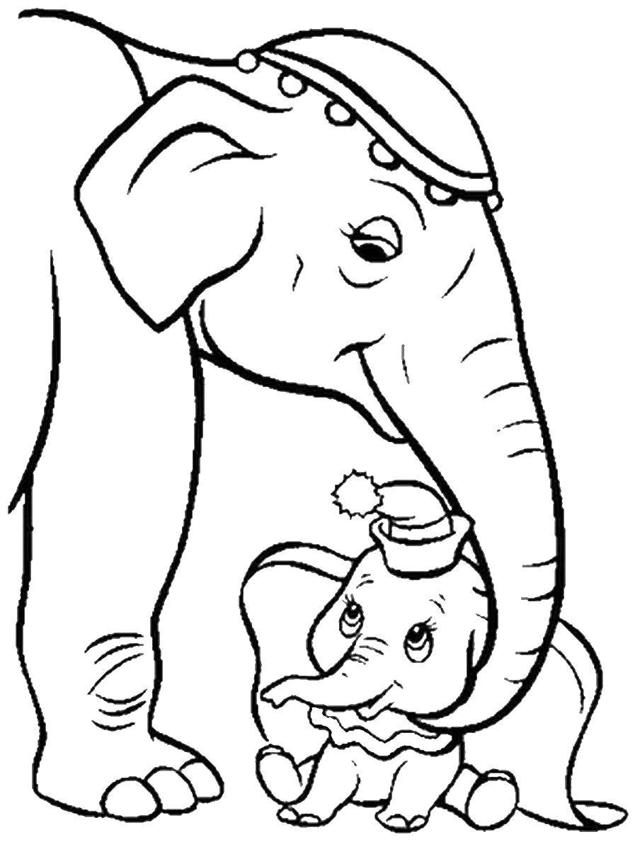 Название: Раскраска Слоненок дамбо с мамой. Категория: дамбо. Теги: Животные, слоненок.