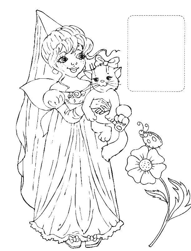 Coloring Fairy with cat. Category fairies. Tags:  fairies, girls, girls, wings.