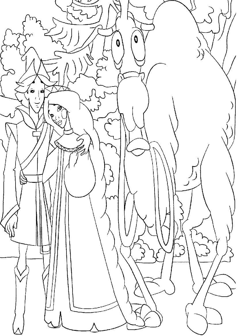 Название: Раскраска Верблюд с женихом забавы елисеем. Категория: три богатыря. Теги: Забава, Елисей, три богатыря.