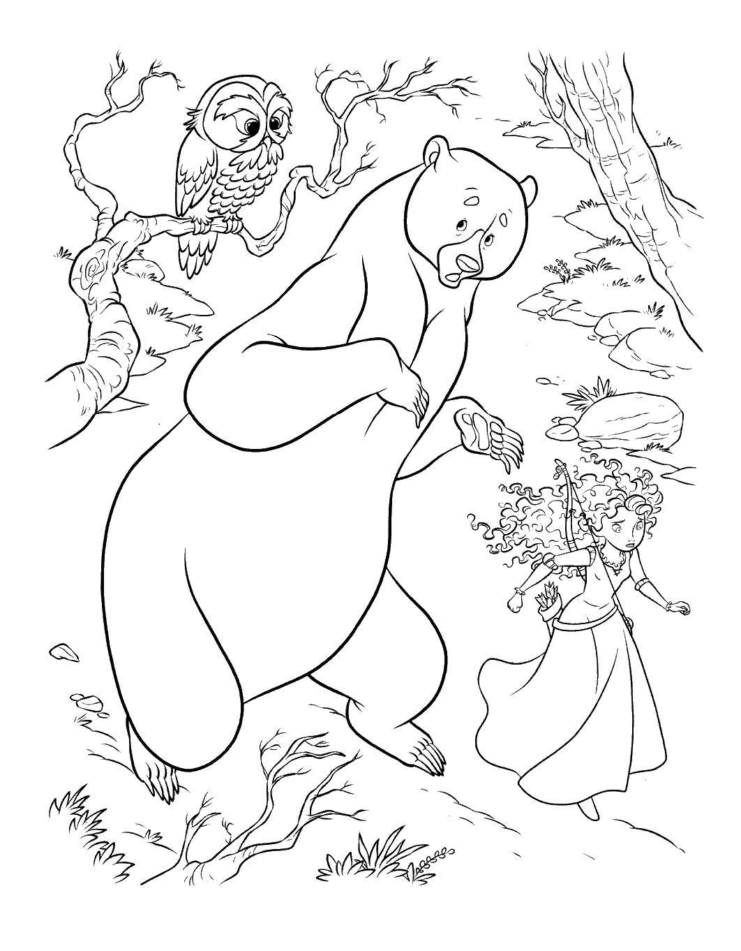 Название: Раскраска Мерида бежит с медведем. Категория: храбрая сердцем. Теги: храбрая сердцем, Мерида, фергус.