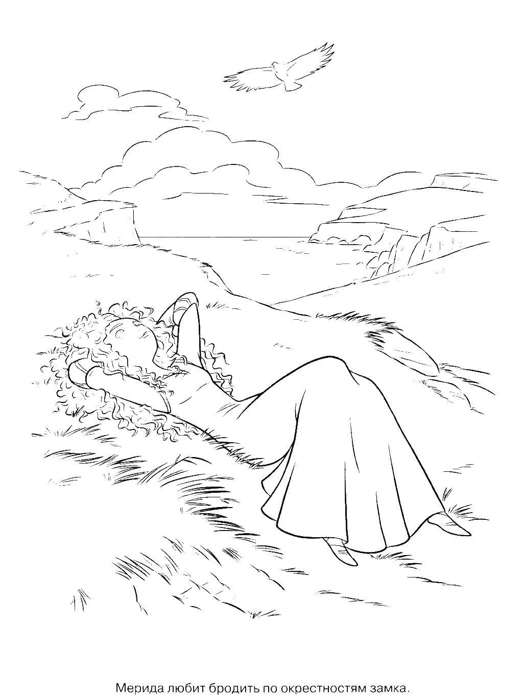 Название: Раскраска Мерида лежит на траве. Категория: храбрая сердцем. Теги: Мерида, храбрая сердцем.