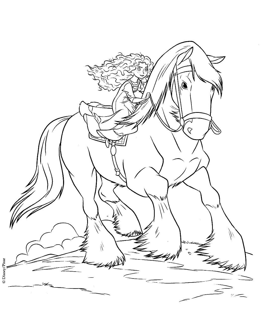 Название: Раскраска Мерида на коне ангус. Категория: храбрая сердцем. Теги: храбрая сердцем, Мерида, фергус.