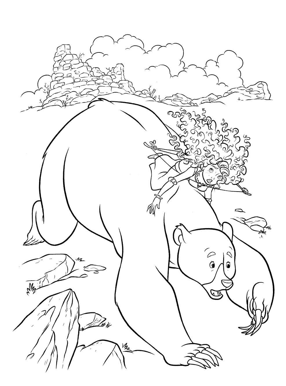 Название: Раскраска Мерида на медведе. Категория: храбрая сердцем. Теги: Персонаж из мультфильма.