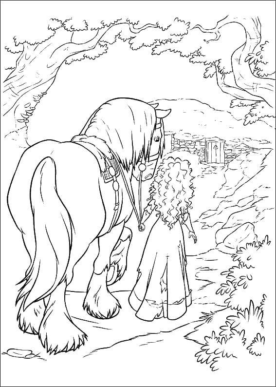 Название: Раскраска Мерида с конём. Категория: храбрая сердцем. Теги: Персонаж из мультфильма.