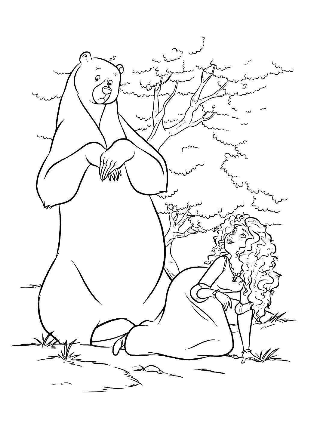 Название: Раскраска Мерида с медведем. Категория: храбрая сердцем. Теги: Персонаж из мультфильма.