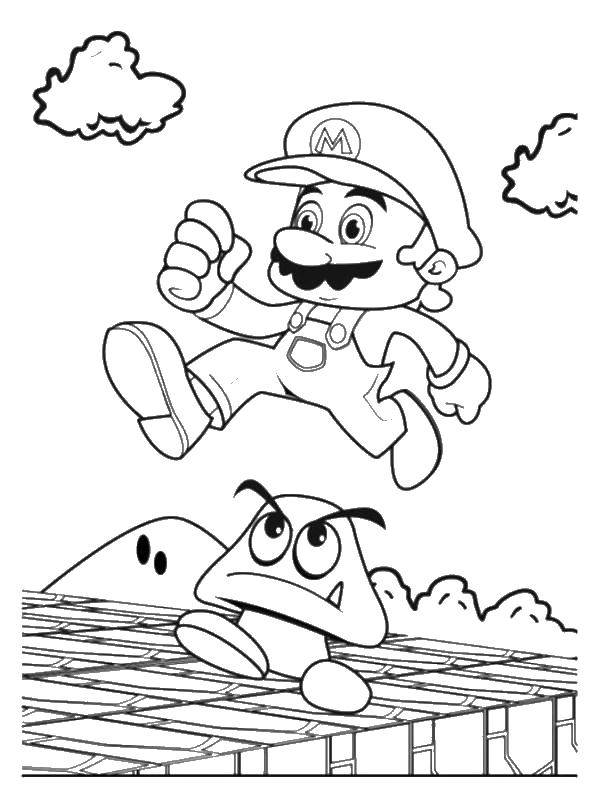 Название: Раскраска Супермарио прыгает через гриб. Категория: игры. Теги: супермарио.