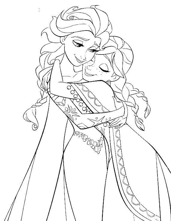 Название: Раскраска Эльза и анна обнимаются. Категория: раскраски холодное сердце. Теги: Эльза, принцесса, Анна.