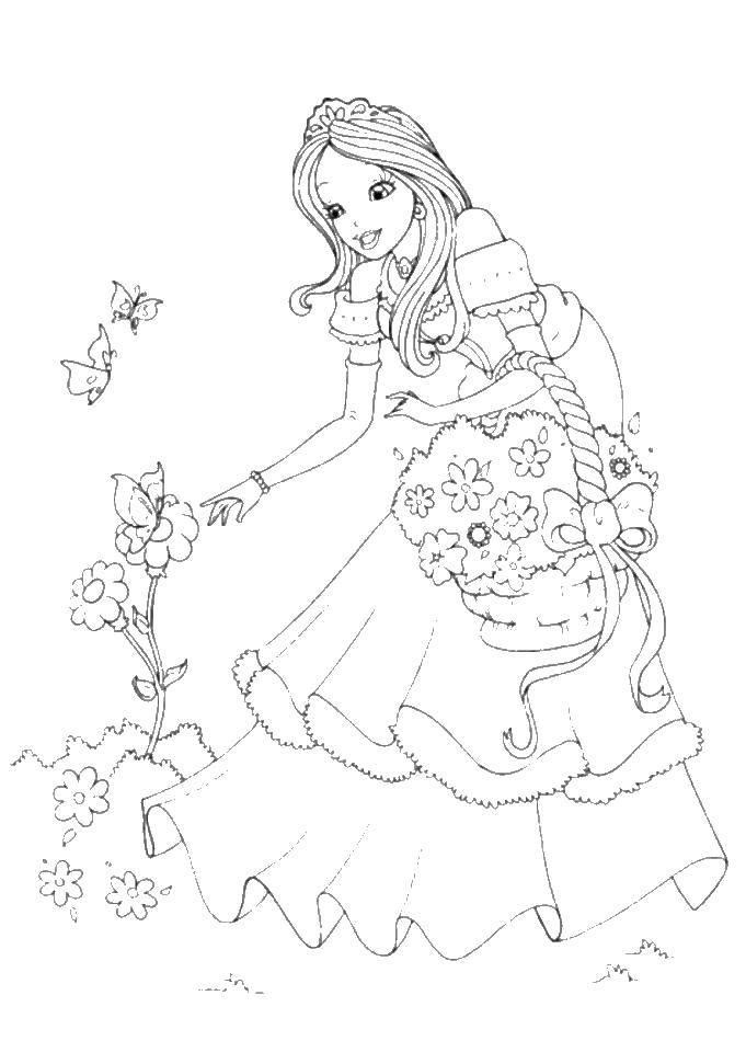 Розмальовки  Принцеса збирає квіти. Завантажити розмальовку принцеса, квіти.  Роздрукувати ,принцеса,