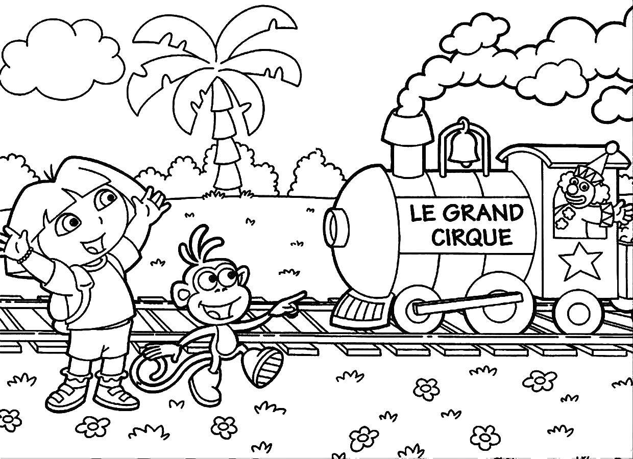 Название: Раскраска Даша и башмачок встречают паровоз. Категория: Дора. Теги: даша, путешественница, башмачок.