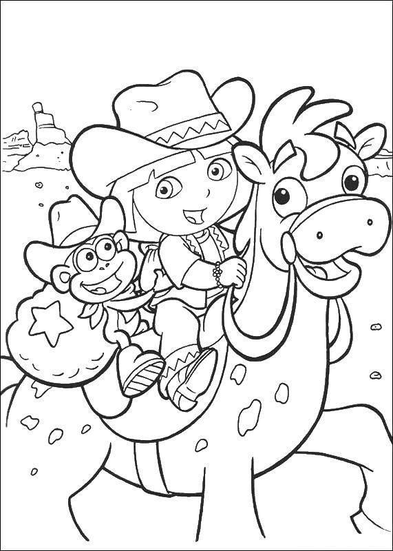 Название: Раскраска Даша путешественница и башмачок верхом на коне. Категория: Дора. Теги: даша, путешественница, башмачок.