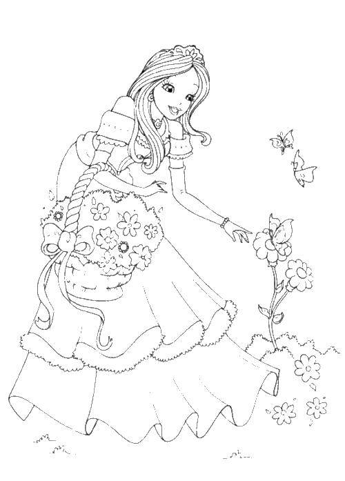 Название: Раскраска Принцесса собирает цветы. Категория: Принцессы. Теги: принцесса, цветы.