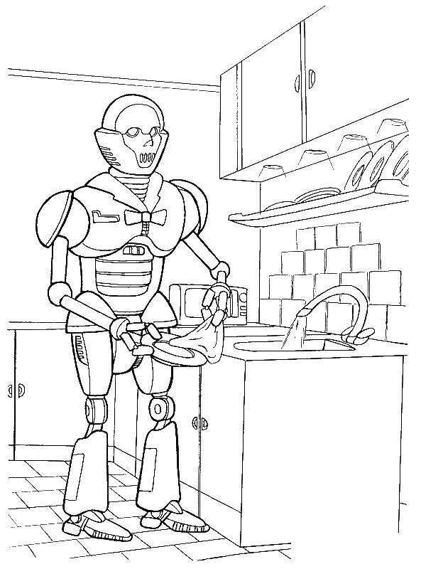 Розмальовки  Кіборг миє посуд. Завантажити розмальовку кіборг, робот.  Роздрукувати ,кіборг,