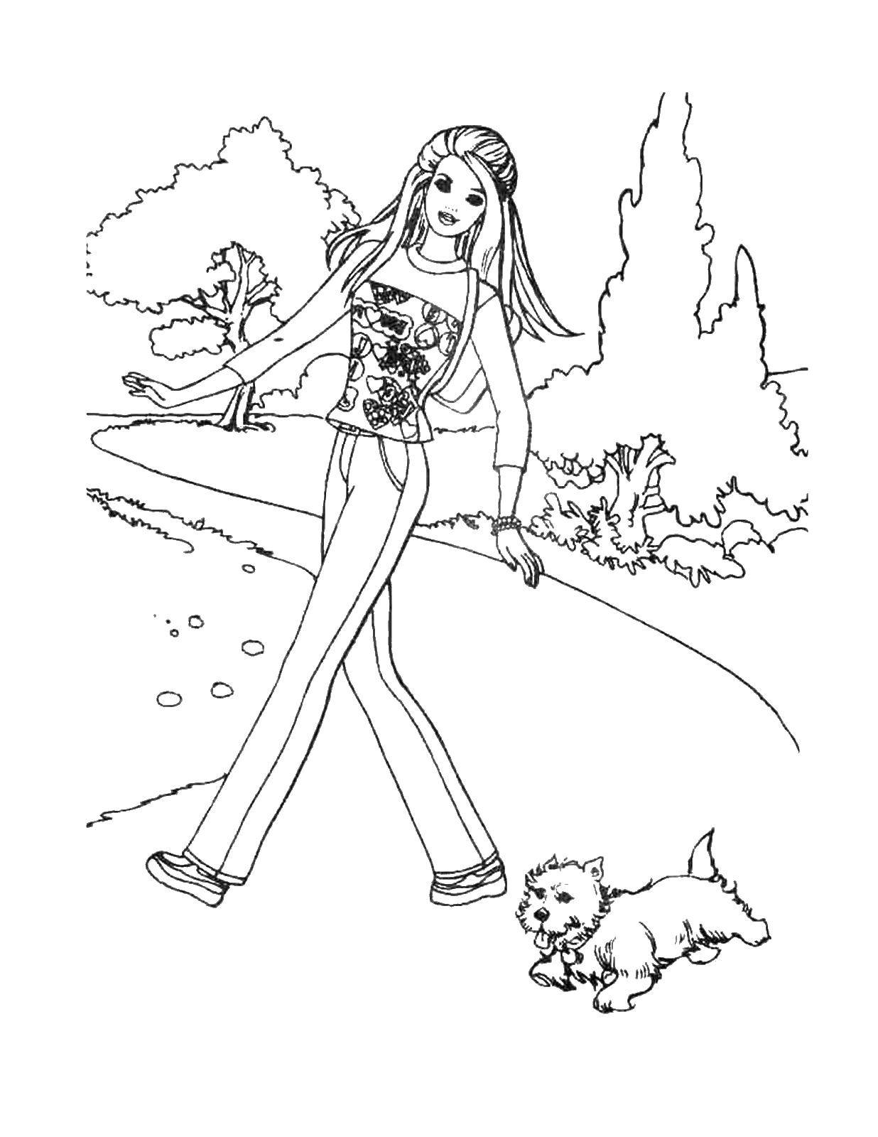 Coloring Barbie walking with dog. Category Barbie . Tags:  Barbie , model, dog.