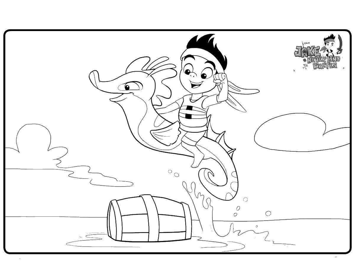 Coloring Jake riding on a sea horse. Category Jake and the pirates Netlandii. Tags:  Jake, pirates, Neverland.