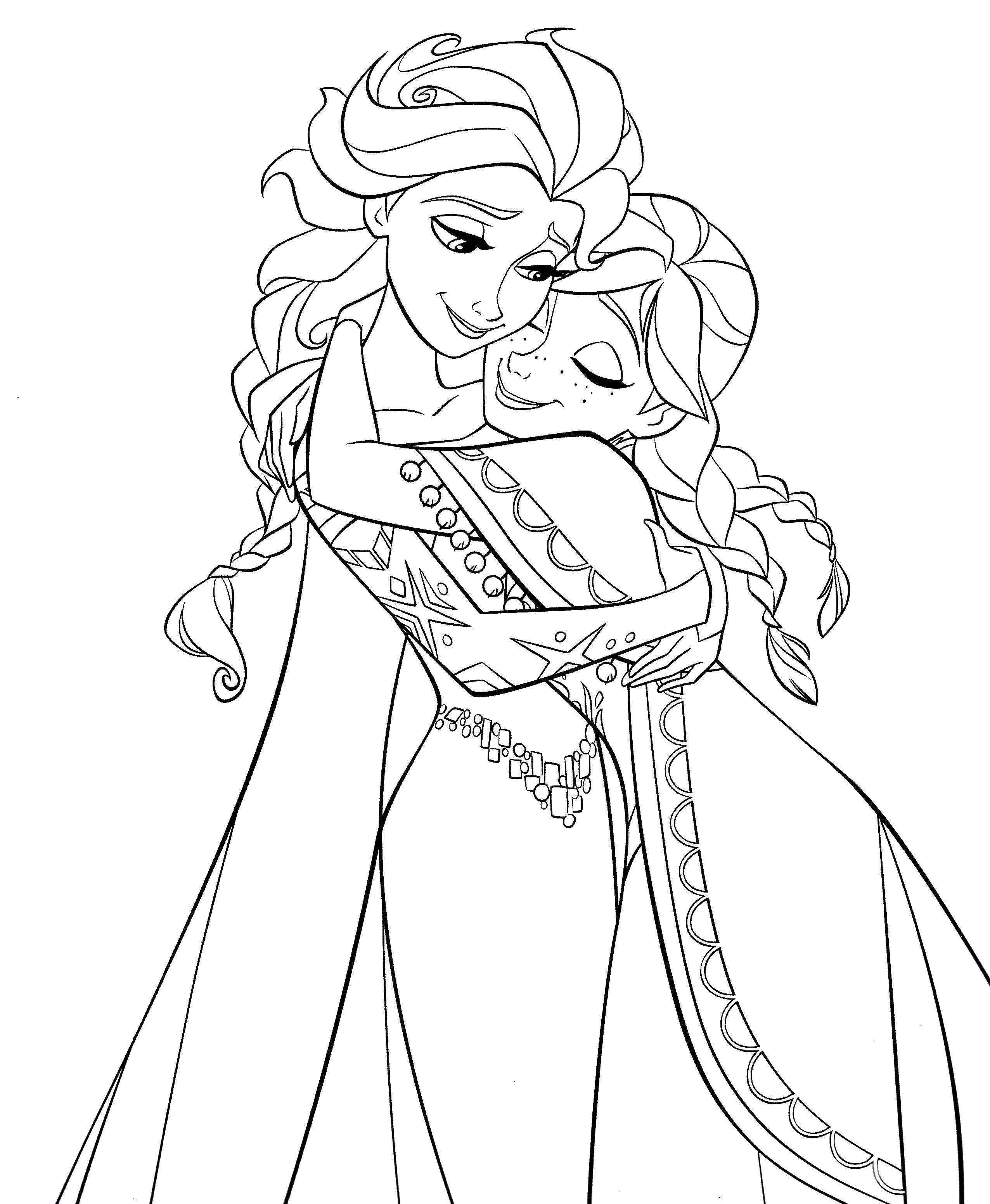 Название: Раскраска Эльза и анна обнимаются. Категория: раскраски холодное сердце. Теги: Эльза, принцесса, Анна.