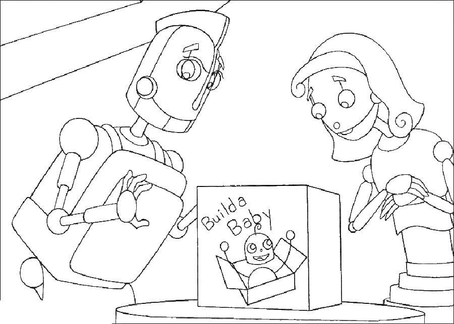Название: Раскраска Роботы получили ребенка робота. Категория: роботы. Теги: роботы.