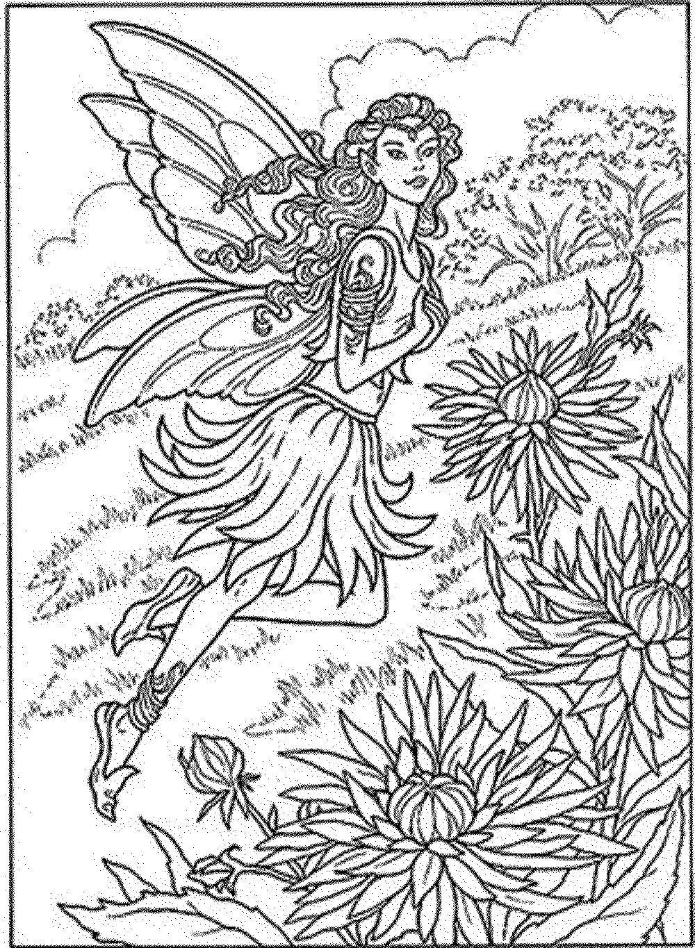 Coloring Fairy flying over flower meadow. Category fairy. Tags:  fairy.