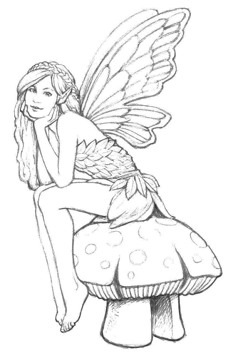 Название: Раскраска Фея сидит на грибочке. Категория: фея. Теги: фея, гриб.