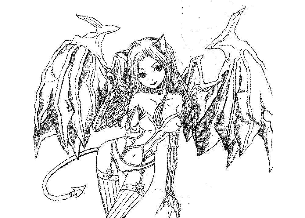 Название: Раскраска Девушка с крыльями и хвостом. Категория: аниме. Теги: аниме, крылья, дракон.