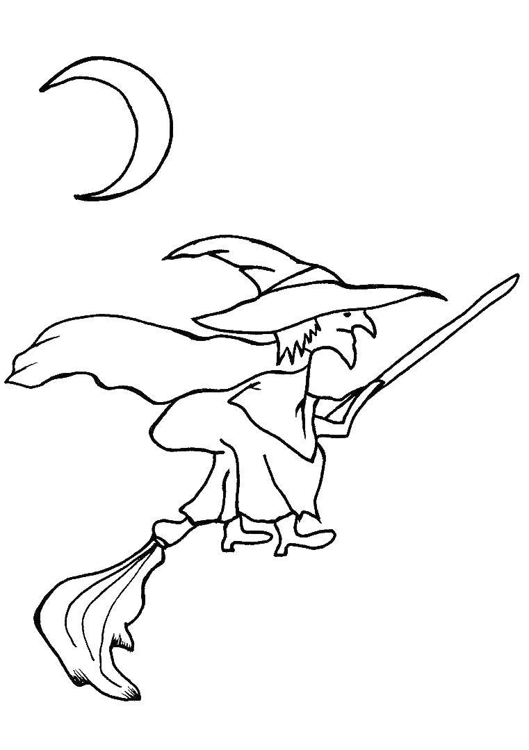 Coloring Witch flying on a broom. Category witch. Tags:  witch, broom.