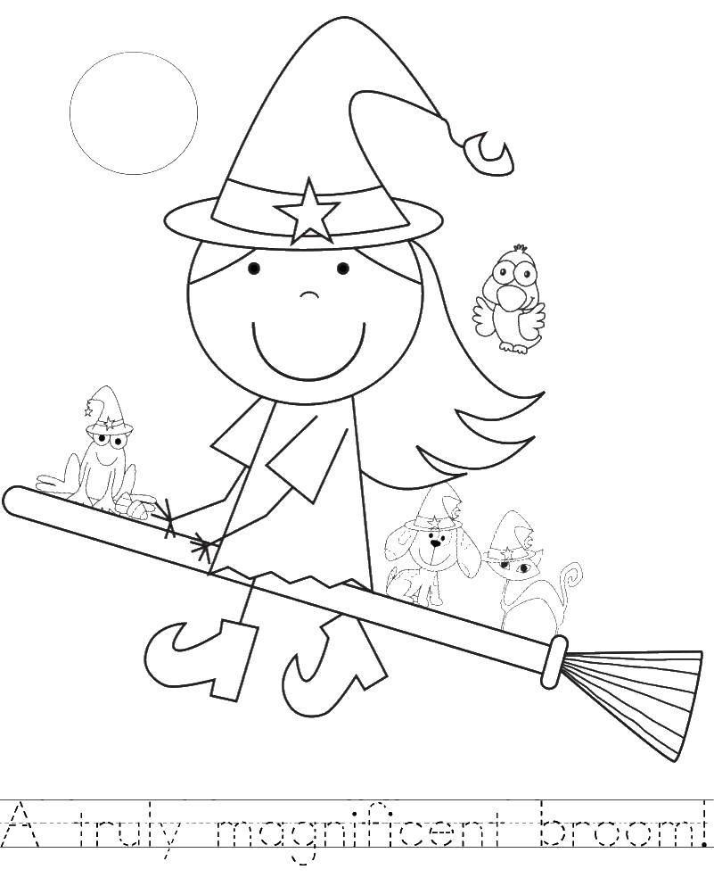 Coloring Witch flying on a broom. Category witch. Tags:  witch, broom.