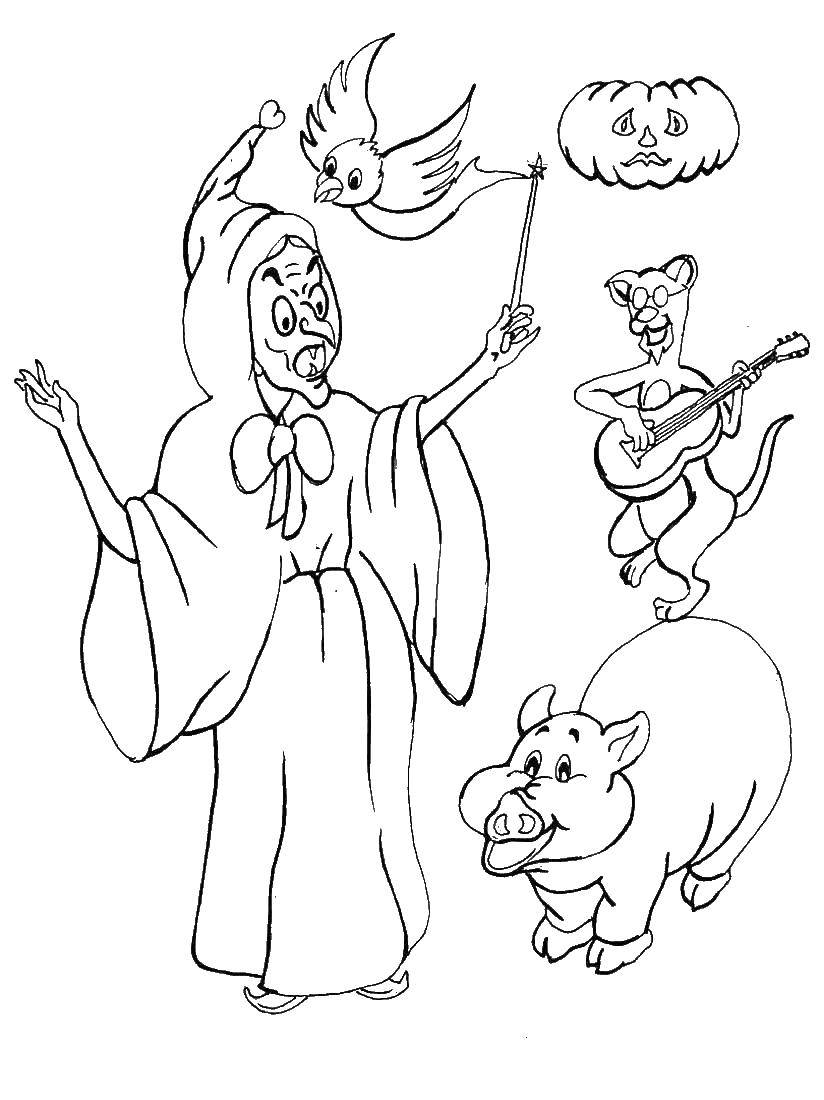 Coloring The witch with the animals. Category witch. Tags:  witch. animals.