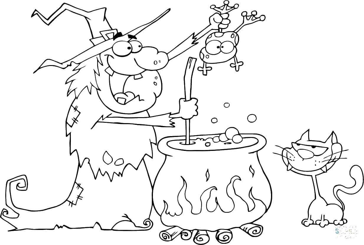 Coloring Witch cooking in cauldron. Category witch. Tags:  witch, broom, cauldron.