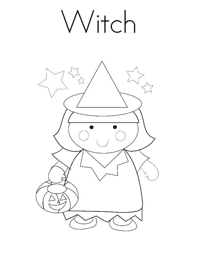 Название: Раскраска Маленькая ведьма. Категория: ведьма. Теги: ведьма, шляпа, тыква.