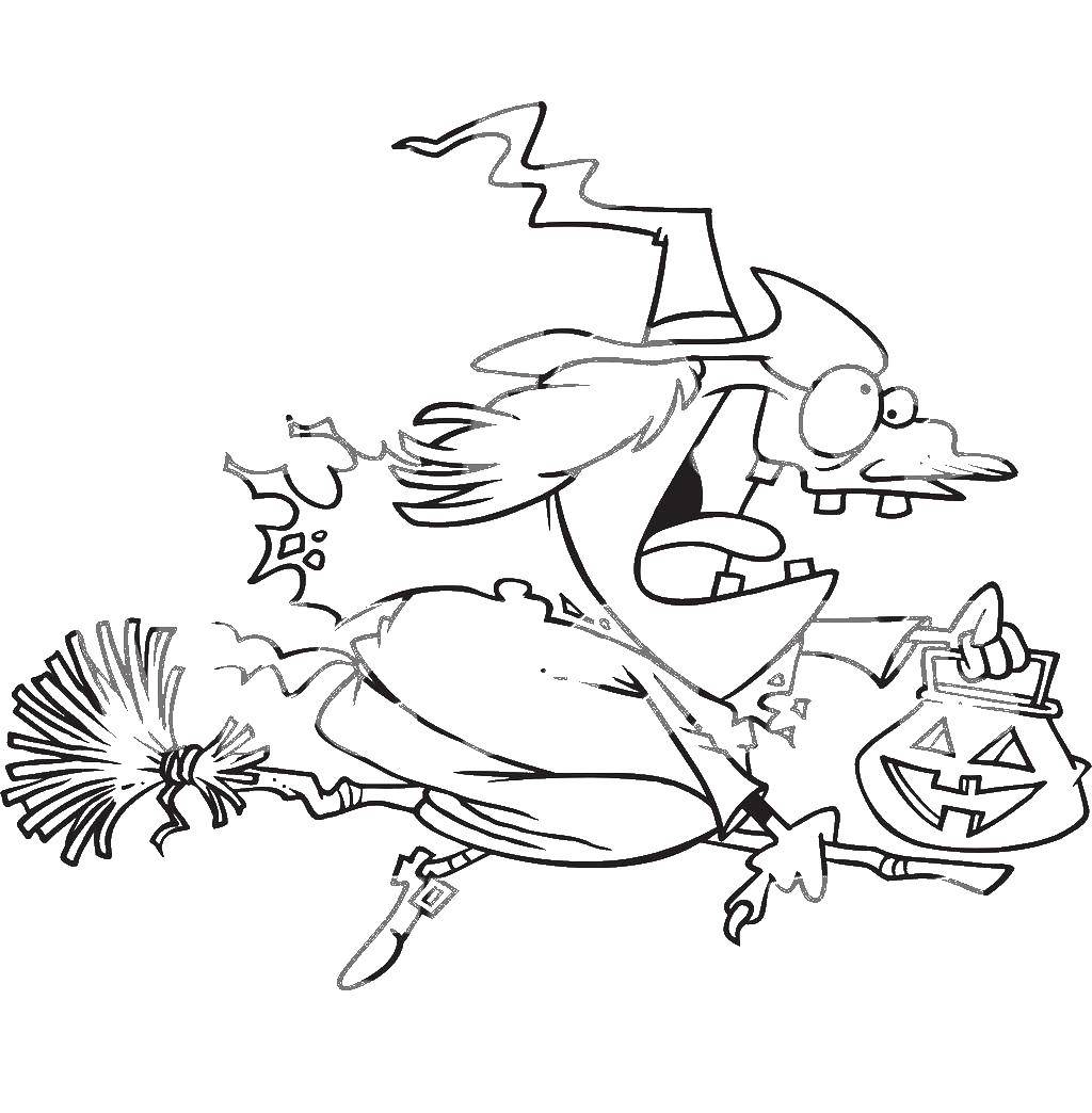 Coloring Witch flying on a broom. Category witch. Tags:  witch, broom, cauldron.