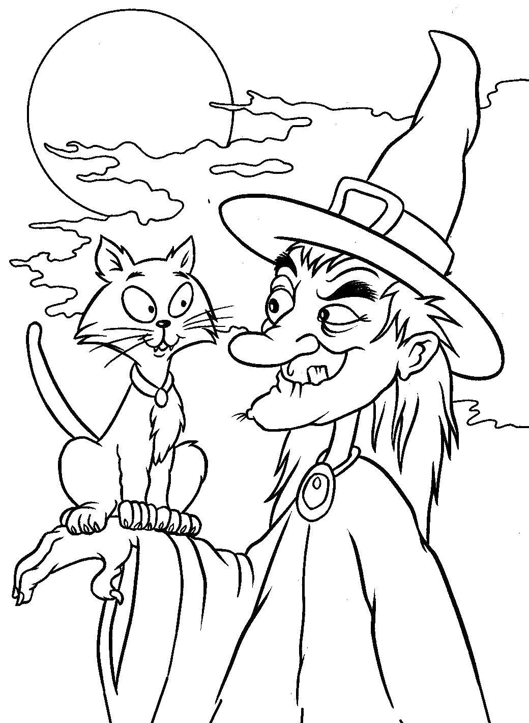 Coloring Witch with cat. Category witch. Tags:  that old woman, witch, cat.