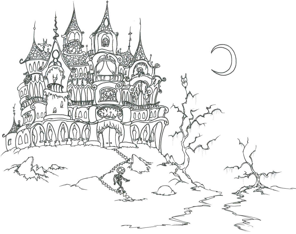 Название: Раскраска Заколдованный замок. Категория: Хэллоуин. Теги: Хэллоуин, замок.