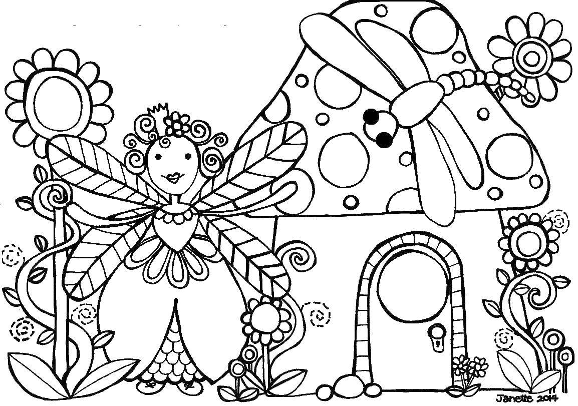Название: Раскраска Милая фея и ее дом. Категория: феи. Теги: феи, девочки, для девочек, крылья.