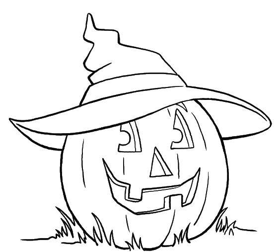 Название: Раскраска Тыква в шляпе ведьмы. Категория: ведьма. Теги: Хэллоуин, тыква, ведьма.