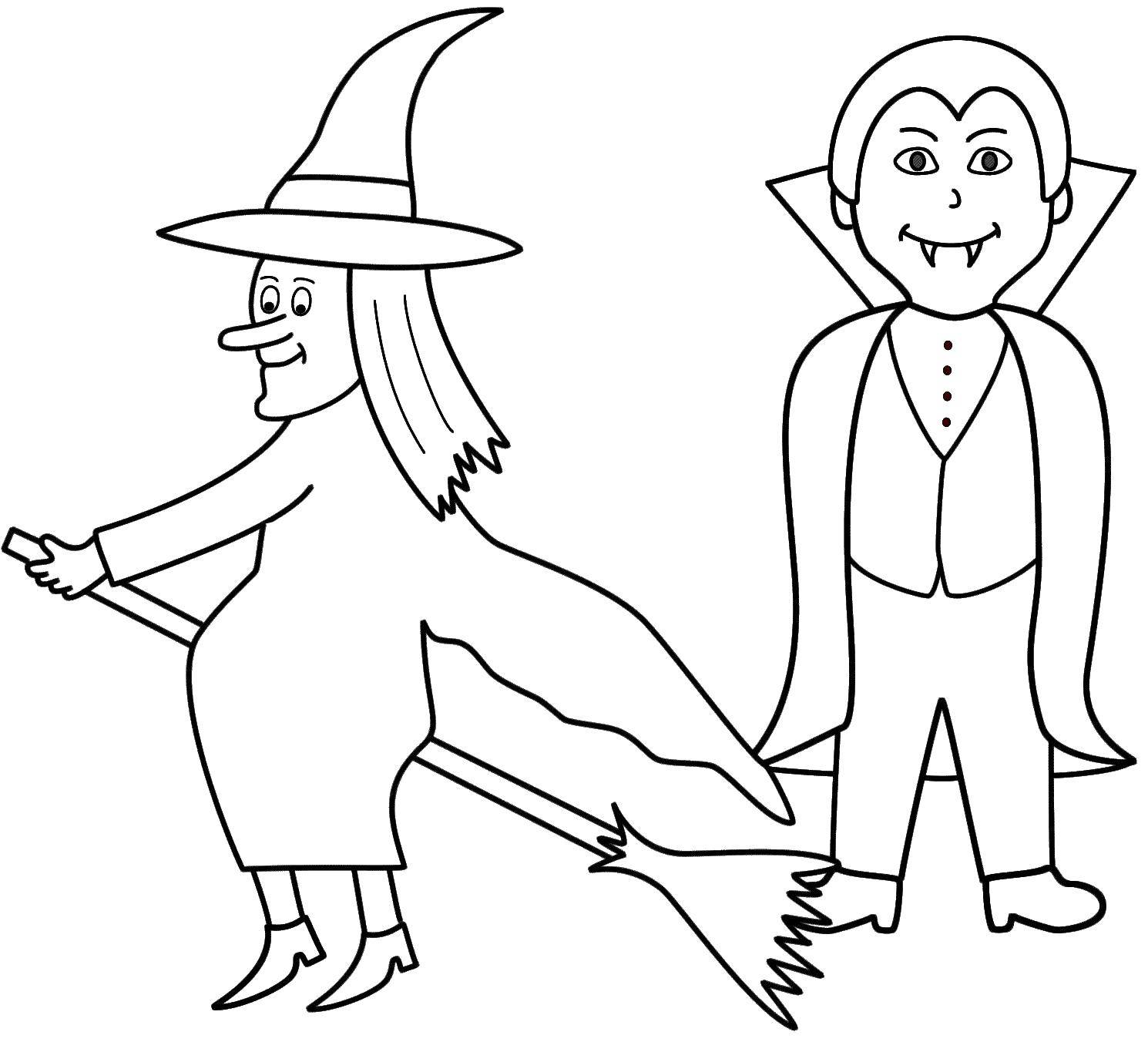 Coloring The witch and vampire. Category witch. Tags:  Halloween, vampire, Dracula, witch, broom.