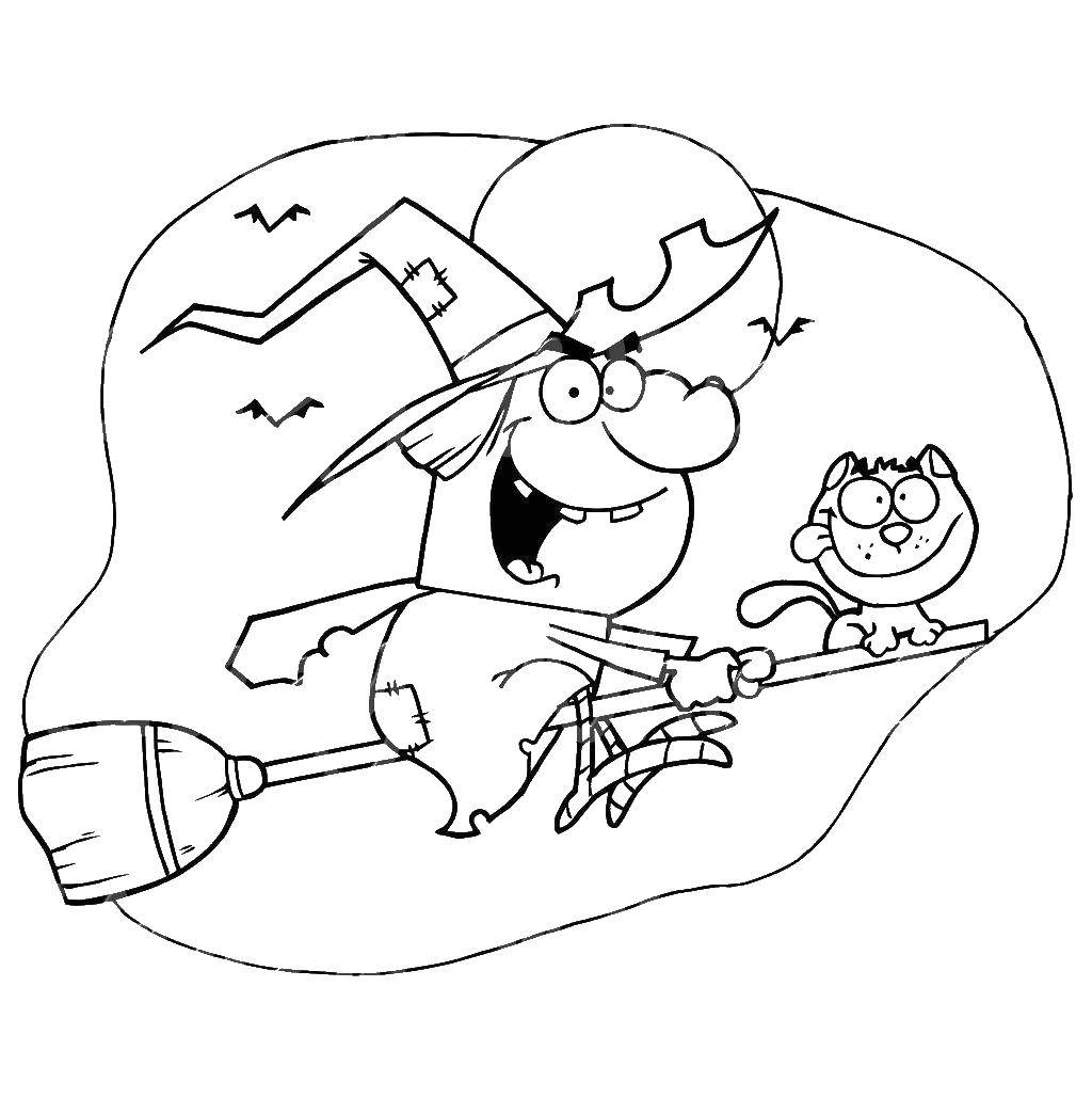 Coloring Witch flying on a broomstick with a cat. Category witch. Tags:  Halloween, witch, night, cat, broom.