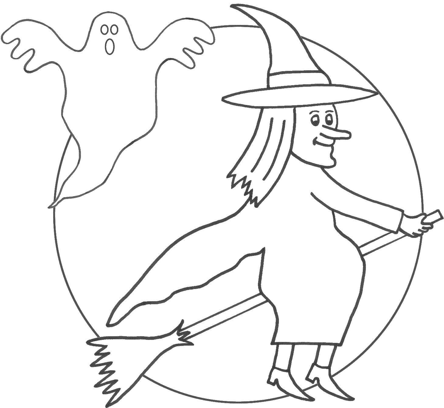 Coloring Witch flying on a broom. Category witch. Tags:  Halloween, Ghost, witch.