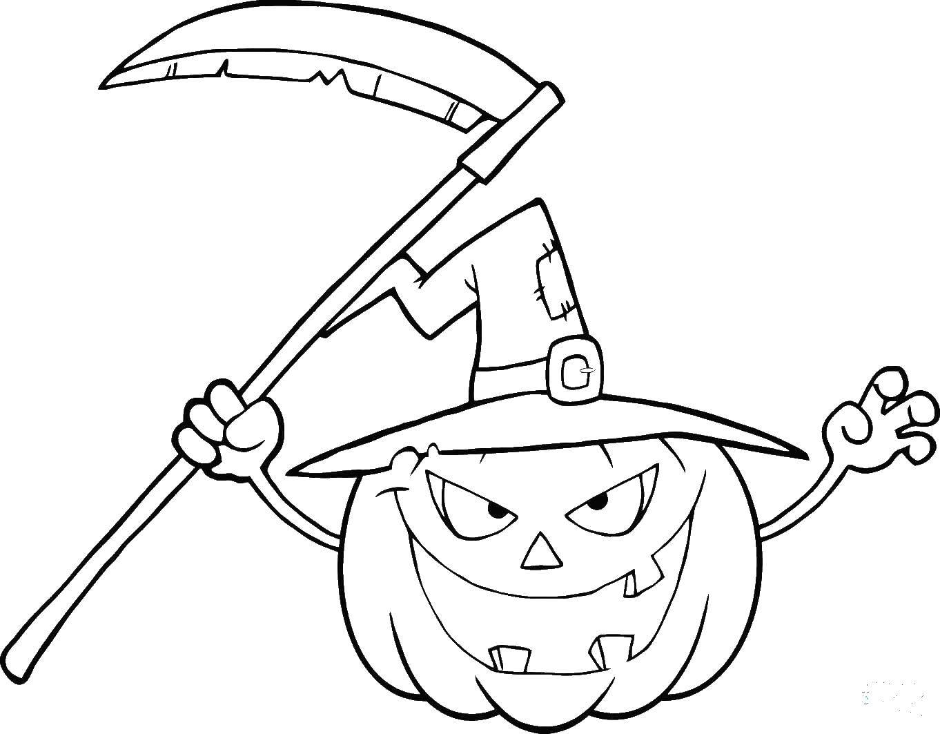 Coloring Evil pumpkin with a scythe. Category Halloween. Tags:  Halloween, pumpkin.