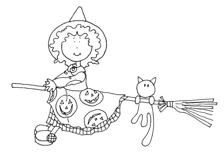 Coloring Witch on a broom. Category witch. Tags:  witch, broom, cat.