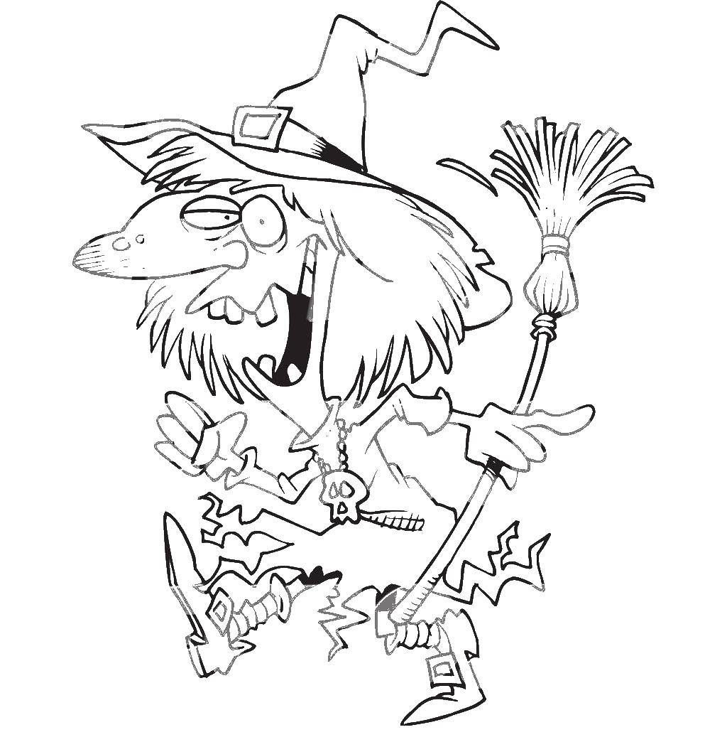 Coloring Witch with broom. Category witch. Tags:  Halloween, witch, night, broom.