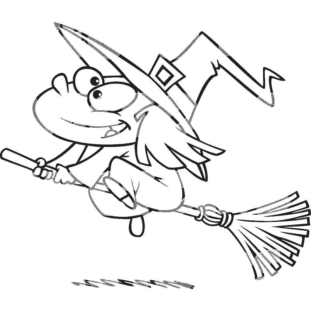 Coloring Witch flying on a broom. Category witch. Tags:  witch, Halloween.