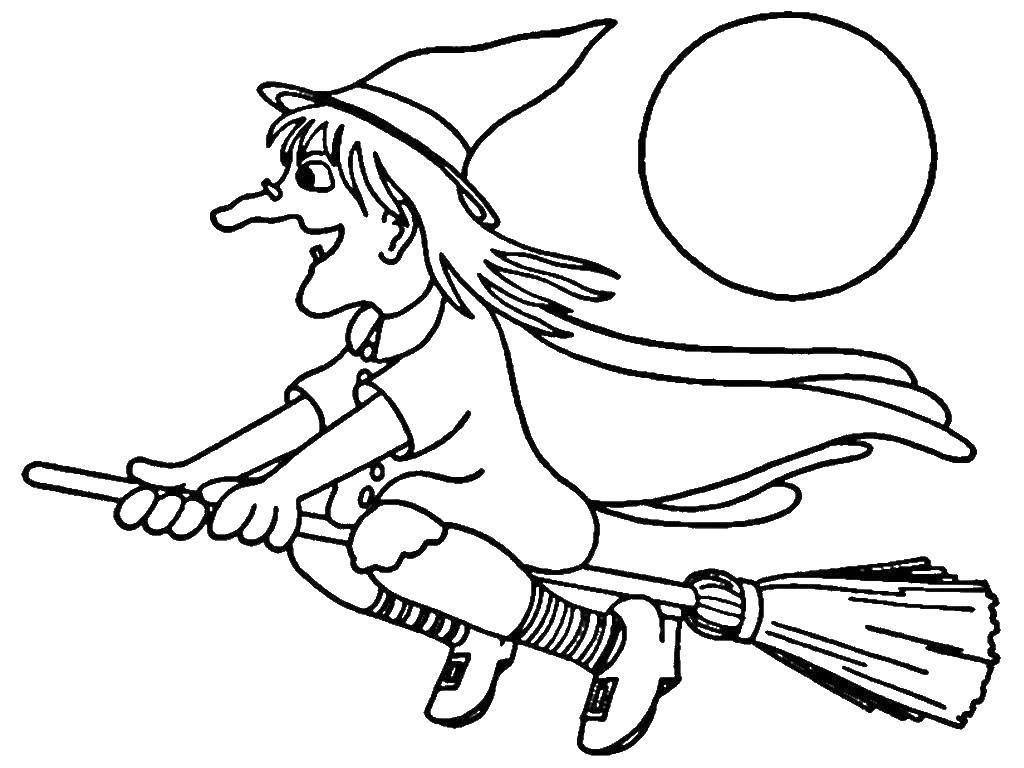 Coloring Witch flying on a broom. Category witch. Tags:  witch, Halloween.